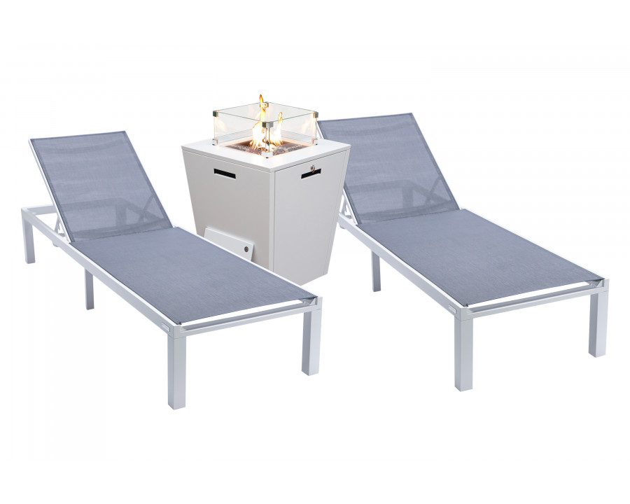 LeisureMod Marlin Modern White Aluminum Outdoor Chaise Lounge Chair With Square Fire Pit Side Table Set of 2 - Dark Gray