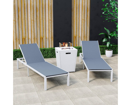 LeisureMod Marlin Modern White Aluminum Outdoor Chaise Lounge Chair With Square Fire Pit Side Table Set of 2 - Dark Gray