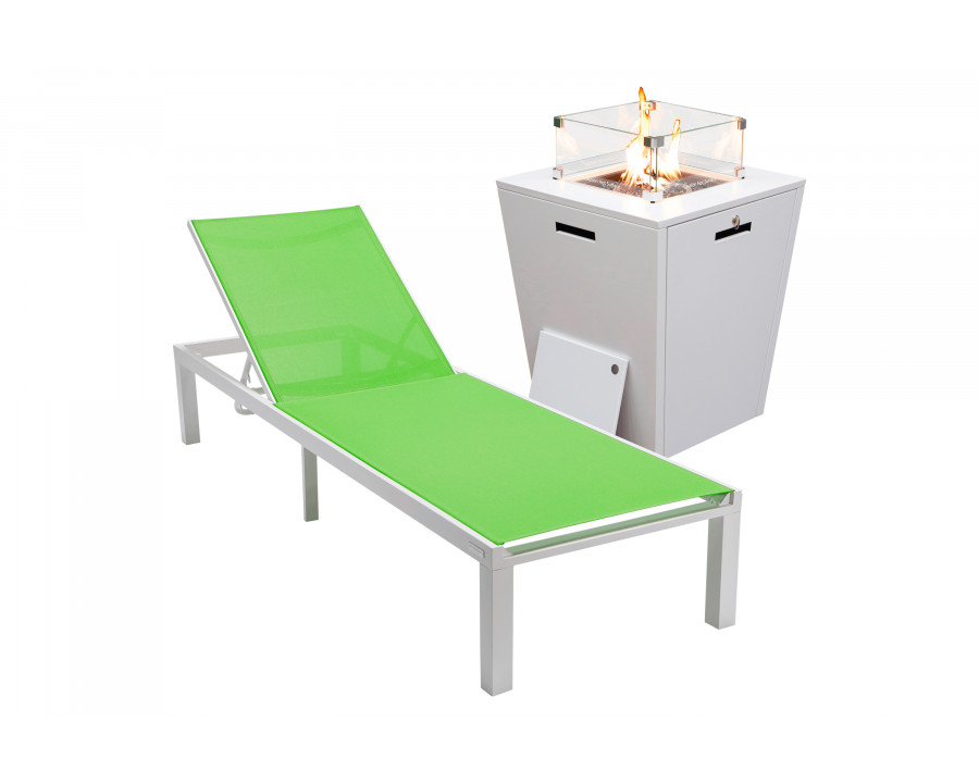 LeisureMod Marlin Modern White Aluminum Outdoor Patio Chaise Lounge Chair with Square Fire Pit Side Table - Green