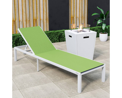 LeisureMod Marlin Modern White Aluminum Outdoor Patio Chaise Lounge Chair with Square Fire Pit Side Table - Green