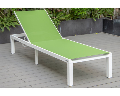 LeisureMod Marlin Modern White Aluminum Outdoor Patio Chaise Lounge Chair with Square Fire Pit Side Table - Green