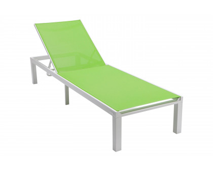 LeisureMod Marlin Modern White Aluminum Outdoor Patio Chaise Lounge Chair with Square Fire Pit Side Table - Green