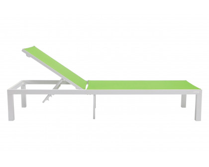 LeisureMod Marlin Modern White Aluminum Outdoor Patio Chaise Lounge Chair with Square Fire Pit Side Table - Green