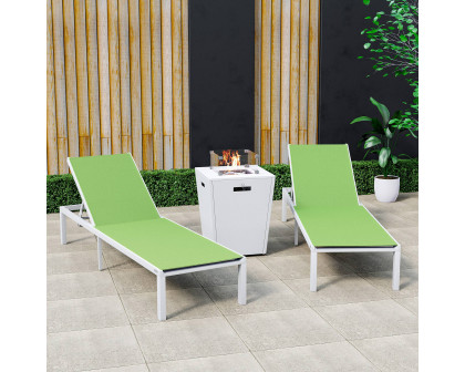 LeisureMod Marlin Modern White Aluminum Outdoor Chaise Lounge Chair With Square Fire Pit Side Table Set of 2 - Green