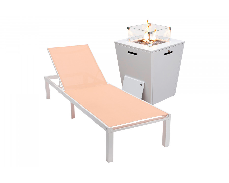 LeisureMod Marlin Modern White Aluminum Outdoor Patio Chaise Lounge Chair with Square Fire Pit Side Table - Light Brown