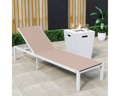 LeisureMod Marlin Modern White Aluminum Outdoor Patio Chaise Lounge Chair with Square Fire Pit Side Table - Light Brown