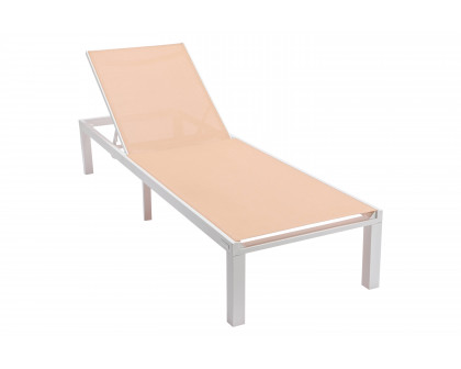 LeisureMod Marlin Modern White Aluminum Outdoor Patio Chaise Lounge Chair with Square Fire Pit Side Table - Light Brown