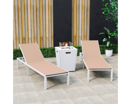 LeisureMod Marlin Modern White Aluminum Outdoor Chaise Lounge Chair With Square Fire Pit Side Table Set of 2 - Light Brown