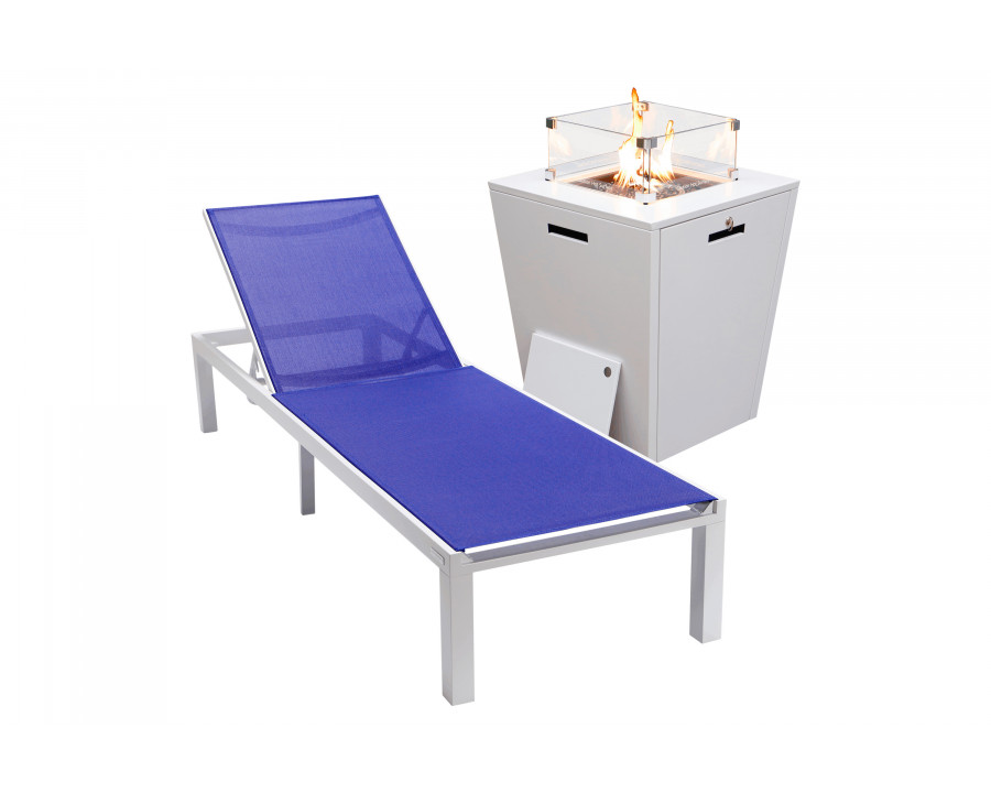 LeisureMod Marlin Modern White Aluminum Outdoor Patio Chaise Lounge Chair with Square Fire Pit Side Table - Navy Blue