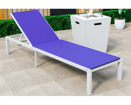 LeisureMod Marlin Modern White Aluminum Outdoor Patio Chaise Lounge Chair with Square Fire Pit Side Table - Navy Blue