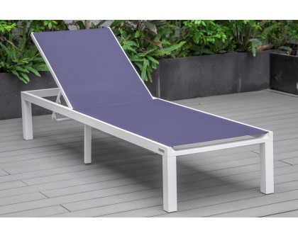 LeisureMod Marlin Modern White Aluminum Outdoor Patio Chaise Lounge Chair with Square Fire Pit Side Table - Navy Blue