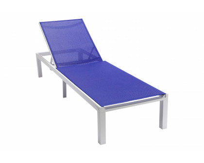 LeisureMod Marlin Modern White Aluminum Outdoor Patio Chaise Lounge Chair with Square Fire Pit Side Table - Navy Blue