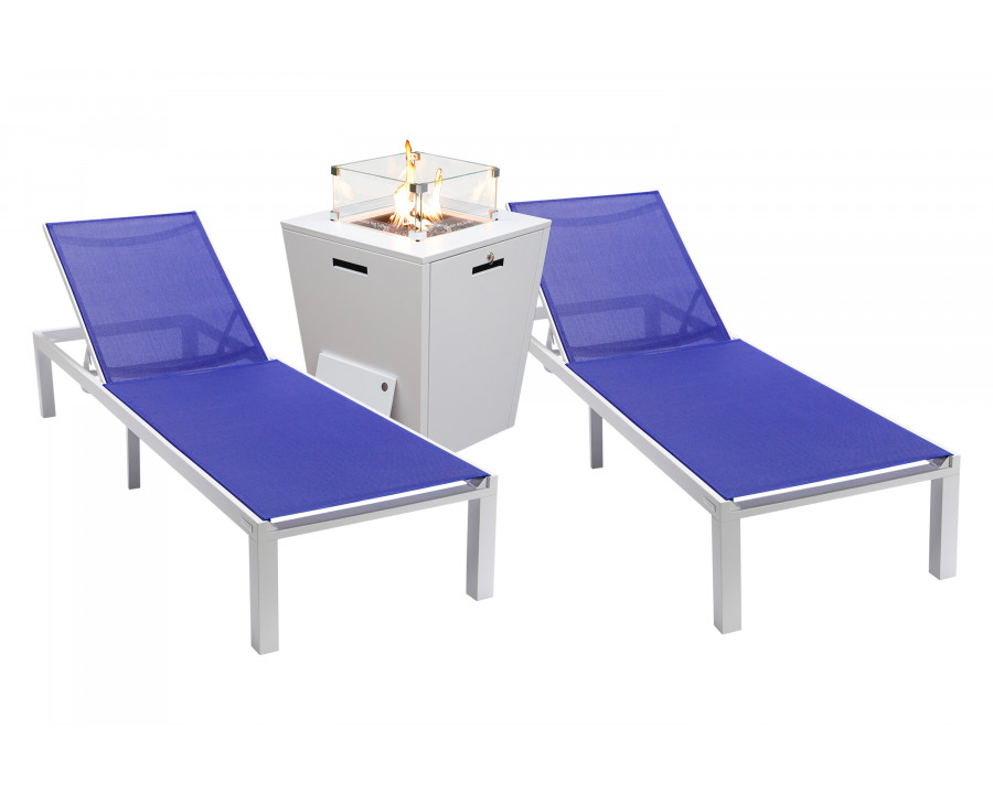 LeisureMod Marlin Modern White Aluminum Outdoor Chaise Lounge Chair With Square Fire Pit Side Table Set of 2 - Navy Blue