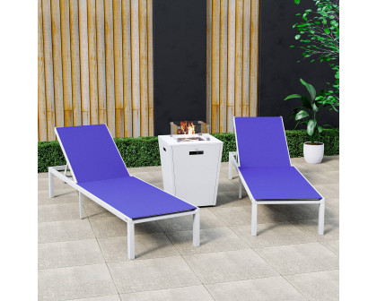 LeisureMod Marlin Modern White Aluminum Outdoor Chaise Lounge Chair With Square Fire Pit Side Table Set of 2 - Navy Blue