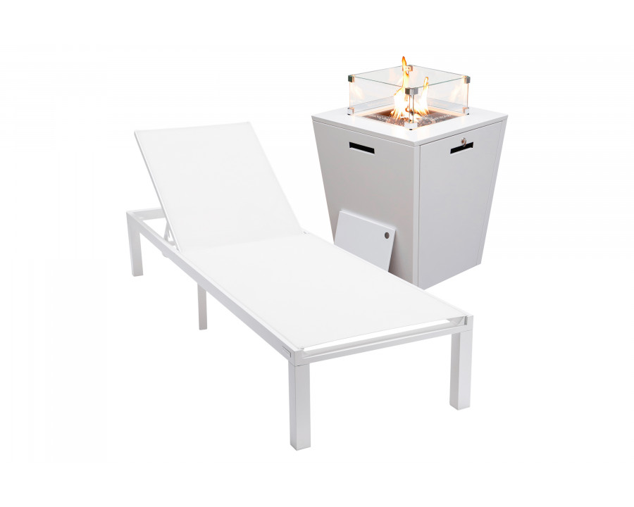 LeisureMod Marlin Modern White Aluminum Outdoor Patio Chaise Lounge Chair with Square Fire Pit Side Table - White