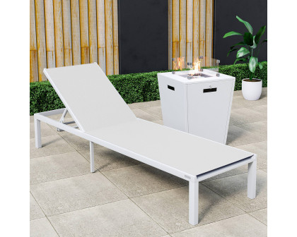 LeisureMod Marlin Modern White Aluminum Outdoor Patio Chaise Lounge Chair with Square Fire Pit Side Table - White