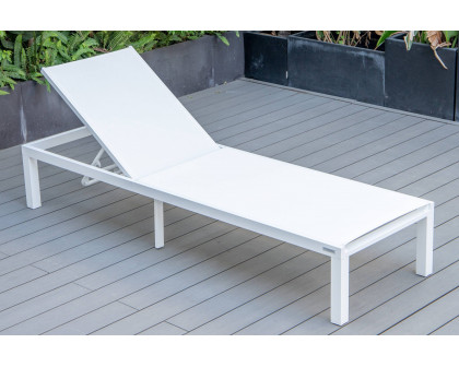 LeisureMod Marlin Modern White Aluminum Outdoor Patio Chaise Lounge Chair with Square Fire Pit Side Table - White