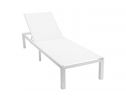 LeisureMod Marlin Modern White Aluminum Outdoor Patio Chaise Lounge Chair with Square Fire Pit Side Table - White