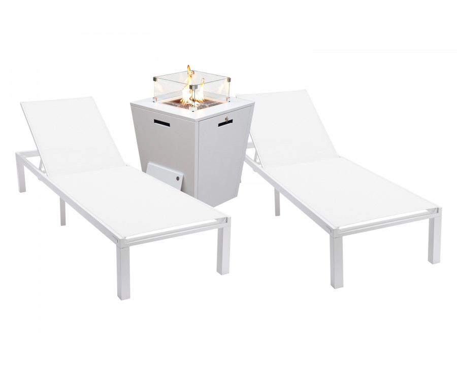 LeisureMod Marlin Modern White Aluminum Outdoor Chaise Lounge Chair With Square Fire Pit Side Table Set of 2 - White