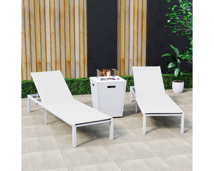 LeisureMod Marlin Modern White Aluminum Outdoor Chaise Lounge Chair With Square Fire Pit Side Table Set of 2 - White