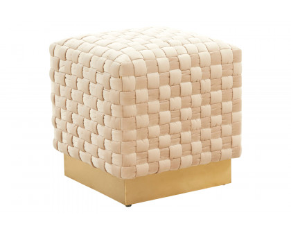 LeisureMod Myrtle 19" Square Weave Design Velvet Ottoman with Gold Base - Beige