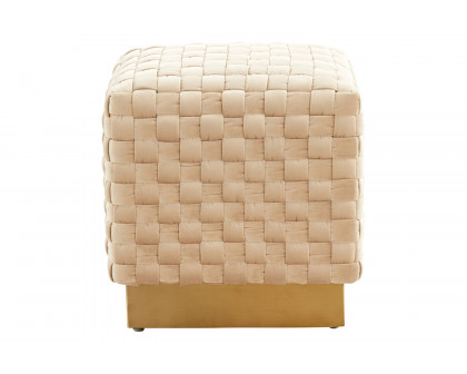 LeisureMod Myrtle 19" Square Weave Design Velvet Ottoman with Gold Base - Beige