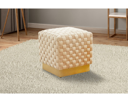 LeisureMod Myrtle 19" Square Weave Design Velvet Ottoman with Gold Base - Beige