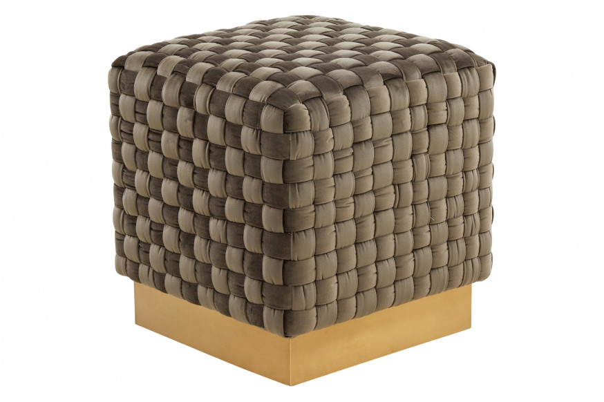 LeisureMod™ Myrtle 19" Square Weave Design Velvet Ottoman with Gold Base - Dark Gray