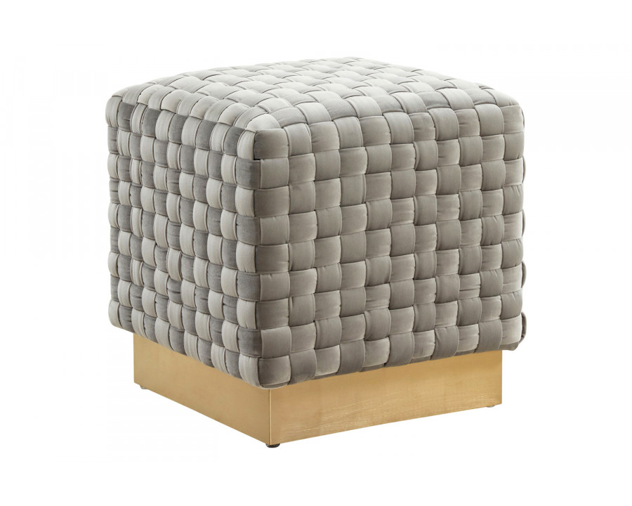 LeisureMod Myrtle 19" Square Weave Design Velvet Ottoman with Gold Base - Light Gray