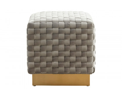 LeisureMod Myrtle 19" Square Weave Design Velvet Ottoman with Gold Base - Light Gray