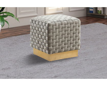 LeisureMod Myrtle 19" Square Weave Design Velvet Ottoman with Gold Base - Light Gray