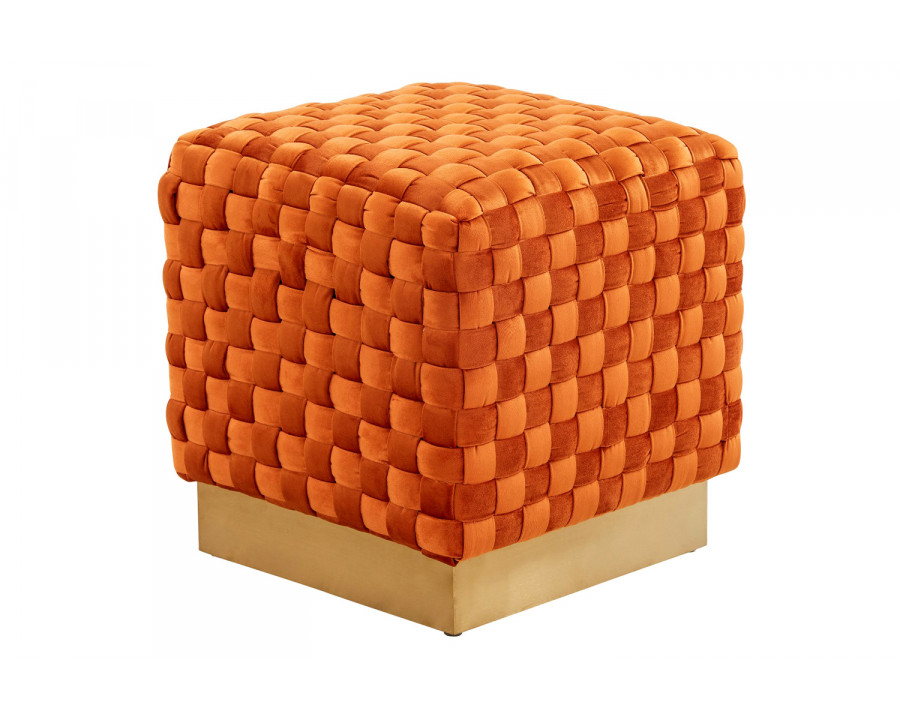 LeisureMod Myrtle 19" Square Weave Design Velvet Ottoman with Gold Base - Orange/Marmalade