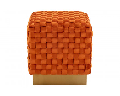 LeisureMod Myrtle 19" Square Weave Design Velvet Ottoman with Gold Base - Orange/Marmalade