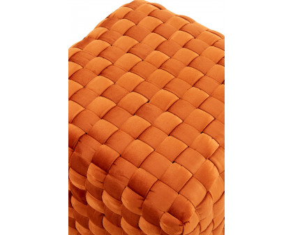 LeisureMod Myrtle 19" Square Weave Design Velvet Ottoman with Gold Base - Orange/Marmalade