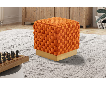 LeisureMod Myrtle 19" Square Weave Design Velvet Ottoman with Gold Base - Orange/Marmalade