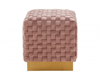 LeisureMod Myrtle 19" Square Weave Design Velvet Ottoman with Gold Base - Pink