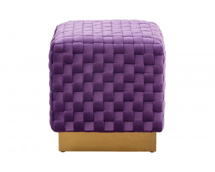 LeisureMod Myrtle 19" Square Weave Design Velvet Ottoman with Gold Base - Purple