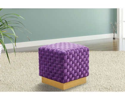 LeisureMod Myrtle 19" Square Weave Design Velvet Ottoman with Gold Base - Purple