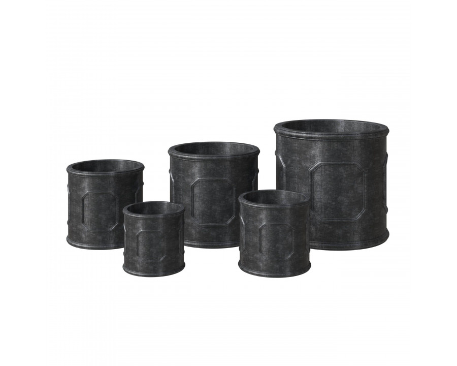 LeisureMod Meadow Modern Round Planters Pot in Fiberstone (Set of 5) - Black