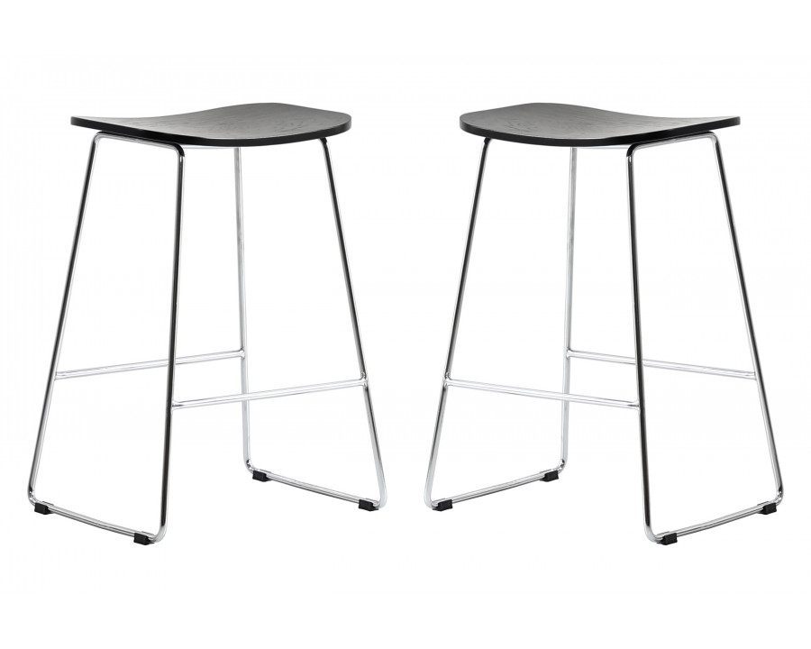 LeisureMod Melrose Modern Wood Counter Stool With Chrome Frame (Set Of 2) - Black