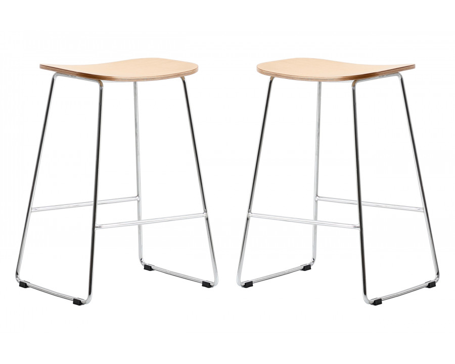 LeisureMod Melrose Modern Wood Counter Stool With Chrome Frame (Set Of 2) - Natural