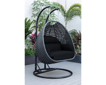 LeisureMod Mendoza Charcoal Wicker Hanging 2 Person Egg Swing Chair - Black