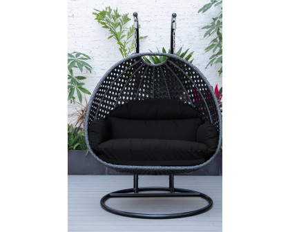 LeisureMod Mendoza Charcoal Wicker Hanging 2 Person Egg Swing Chair - Black