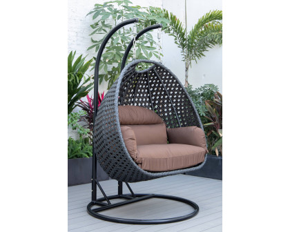 LeisureMod Mendoza Light Brown Wicker Hanging 2 Person Egg Swing Chair