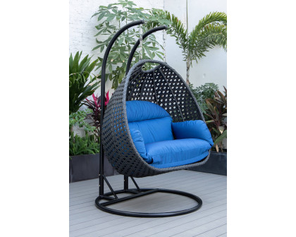 LeisureMod Mendoza Charcoal Wicker Hanging 2 Person Egg Swing Chair - Blue