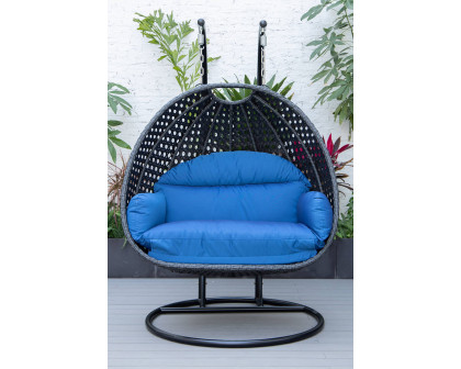 LeisureMod Mendoza Charcoal Wicker Hanging 2 Person Egg Swing Chair - Blue