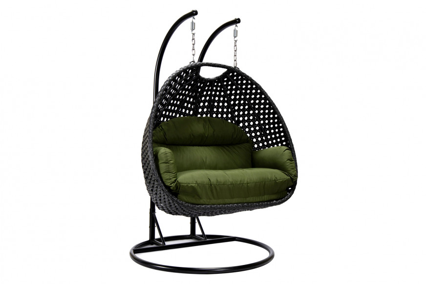 LeisureMod™ Mendoza Charcoal Wicker Hanging 2 Person Egg Swing Chair - Dark Green