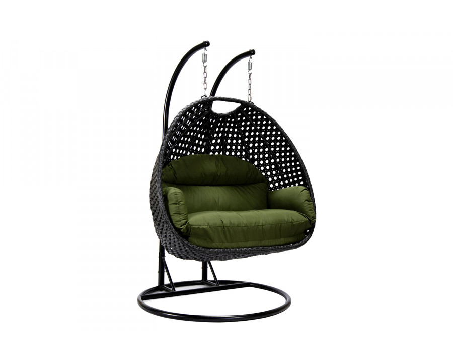 LeisureMod Mendoza Charcoal Wicker Hanging 2 Person Egg Swing Chair - Dark Green