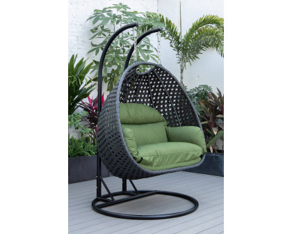 LeisureMod™ Mendoza Charcoal Wicker Hanging 2 Person Egg Swing Chair - Dark Green