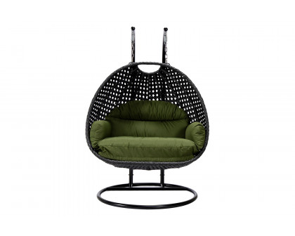 LeisureMod™ Mendoza Charcoal Wicker Hanging 2 Person Egg Swing Chair - Dark Green